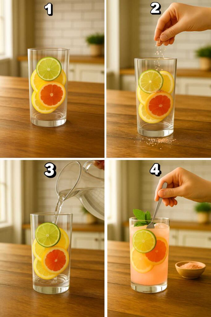 Step-by-step photo collage showing how to make a pink salt recipe for weight loss loss. Includes citrus slices in a glass, adding pink salt, pouring water, and stirring with mint.
