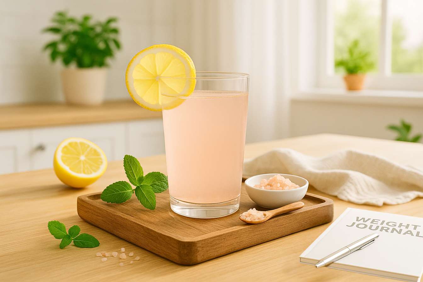 Glass of pink salt water with lemon and mint — pink salt diet recipe for weight loss