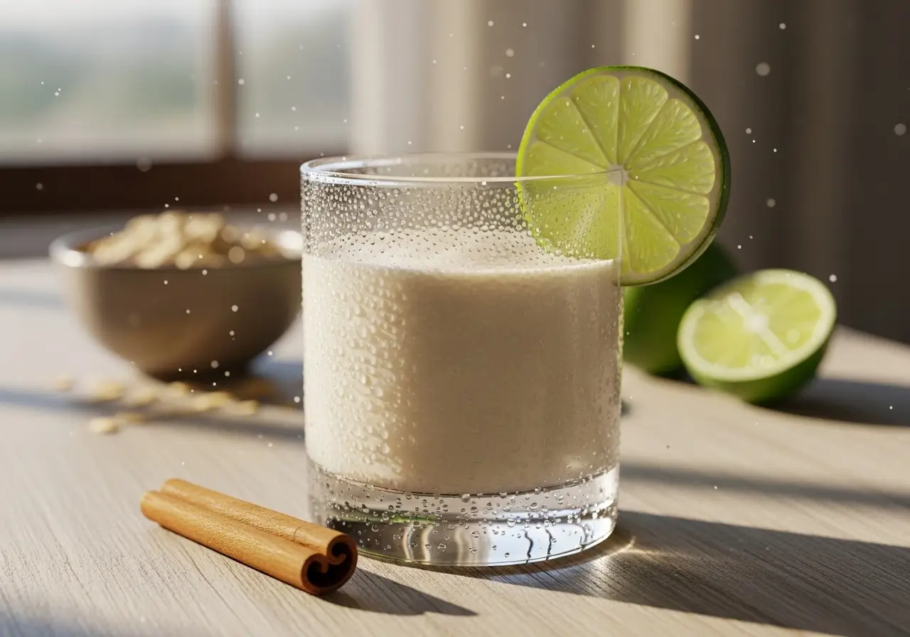 Short glass of chilled oatmeal or milk drink with a lime slice, next to a cinnamon stick and a bowl of dry oats, lit by sunlight.