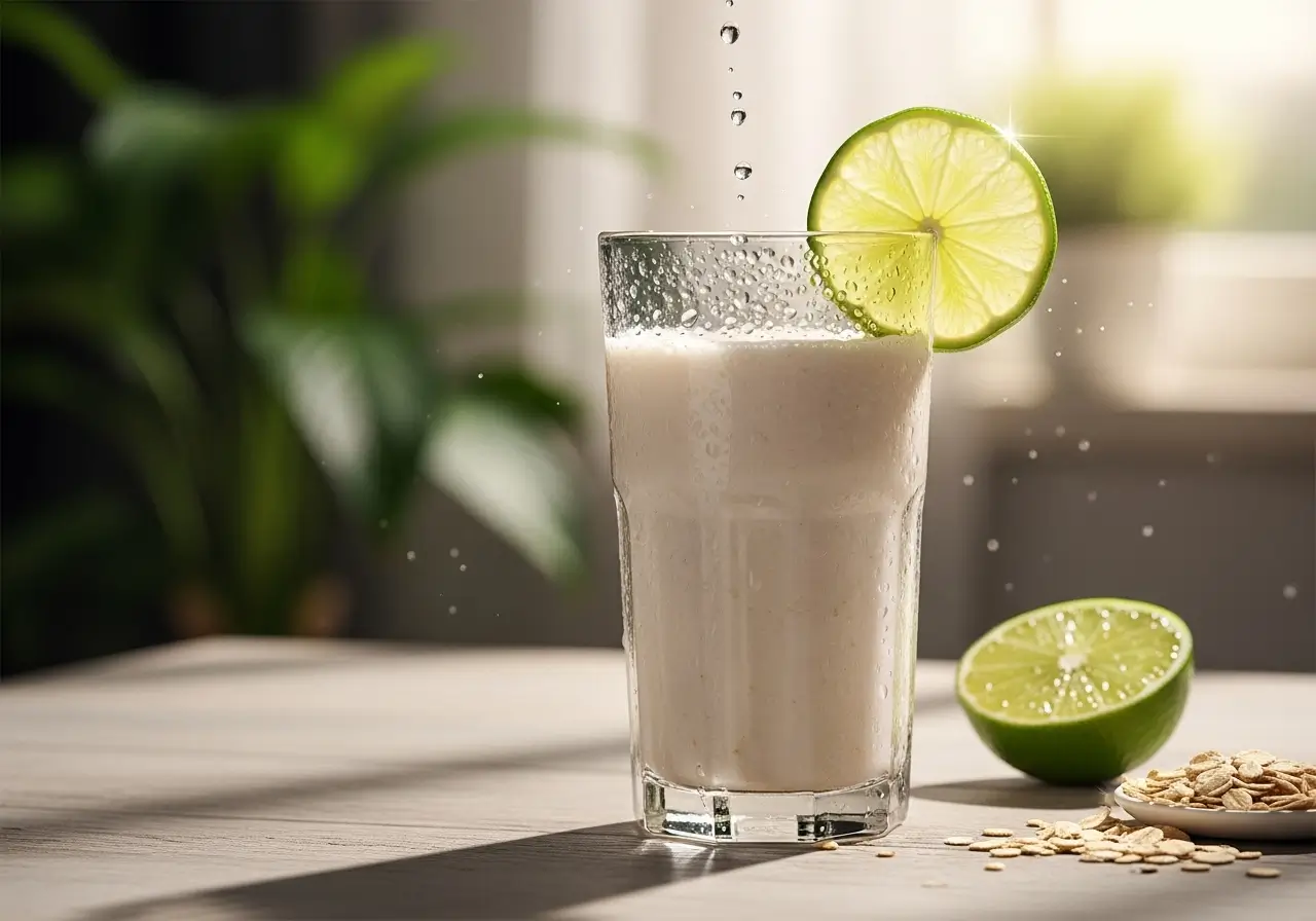 Tall glass of white chilled drink (oatmeal or milk) with a lime slice, a lime half, and scattered oats on a wooden table, under dramatic sunlight.
