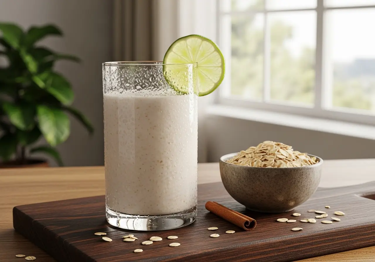 Tall glass of oatmeal smoothie or drink garnished with a lime slice, next to a bowl of dry rolled oats and a cinnamon stick on a wooden cutting board.