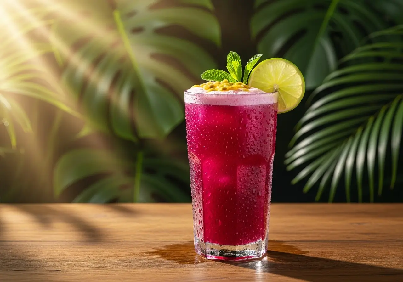 Tall, sweating glass of bright pink tropical drink garnished with passion fruit seeds, mint, and a lime slice, set on a wooden table with a leafy background.