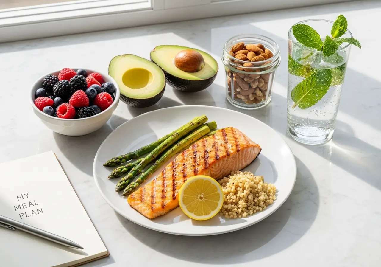 Grilled salmon fillet with asparagus, quinoa, avocado halves, a bowl of mixed berries, and a jar of almonds, next to a meal plan notebook.