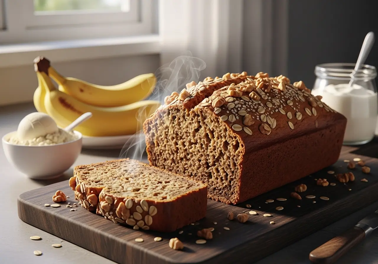 Close-up of a steaming slice of high-protein banana bread topped with oats and walnuts, set on a dark wooden board with bananas and yogurt in the background.