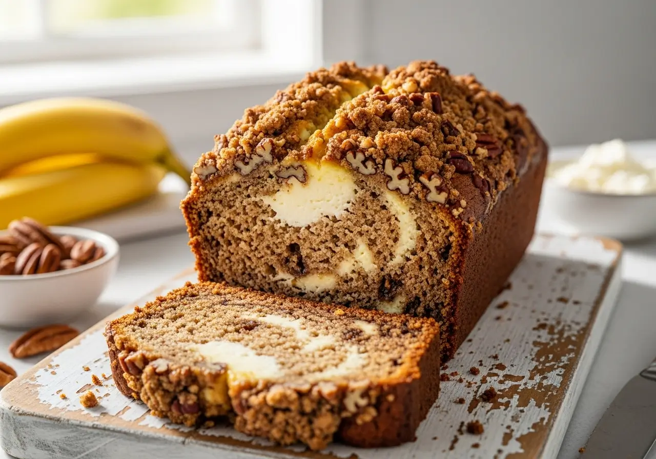 Moist banana bread with a cream cheese swirl and a pecan streusel topping, sliced on a rustic white cutting board.