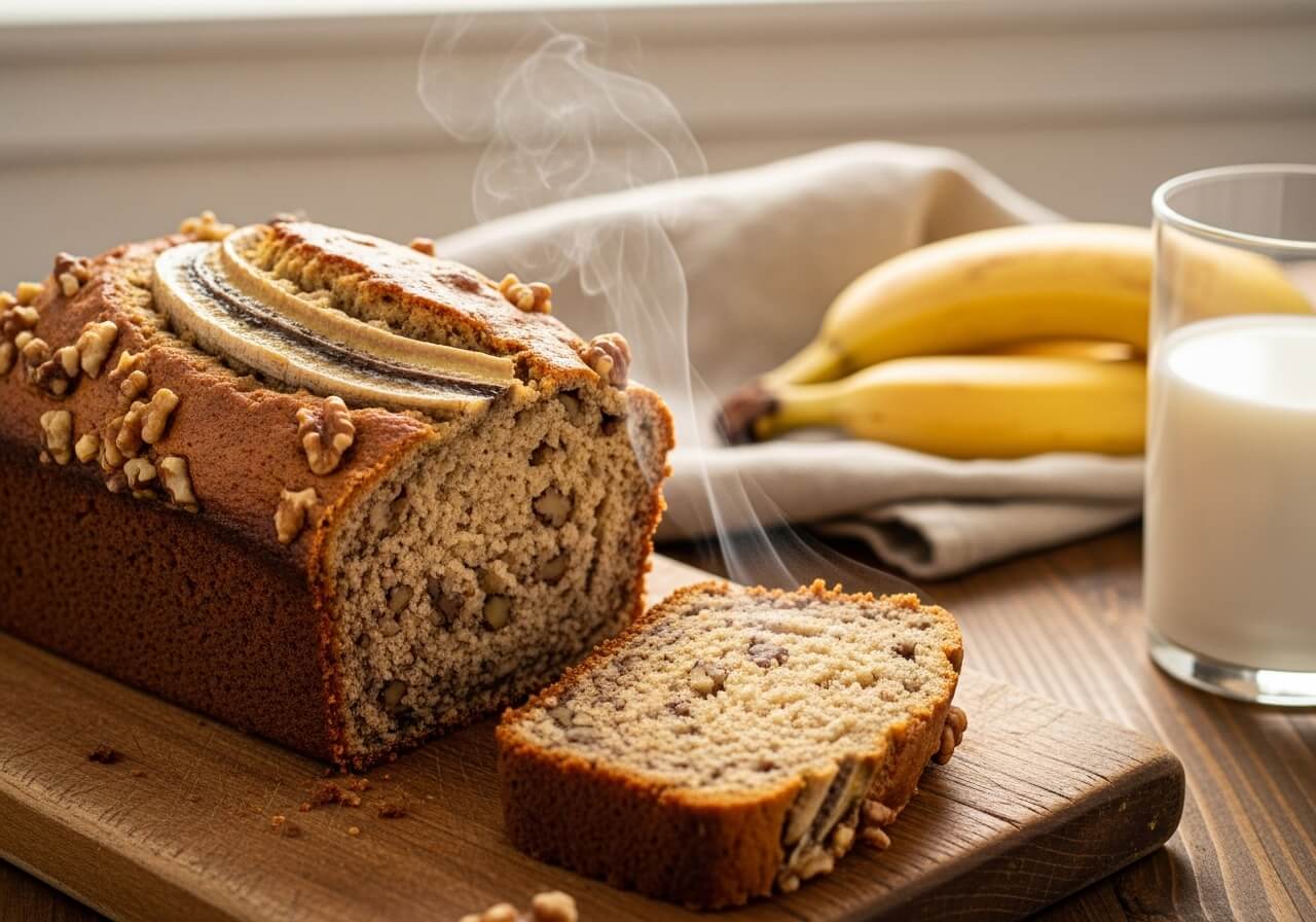 Warm, high-protein banana bread loaf topped with banana slices and walnuts, sliced on a wooden board next to a glass of milk.