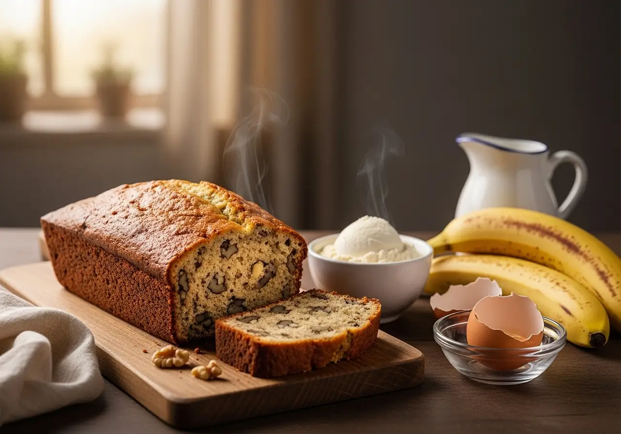 High-protein banana bread loaf with walnuts, sliced on a wooden board, next to a bowl of ice cream, bananas, and eggshells.